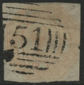 Tasmania: Barred Numerals: ‘51’ (first allocation, rated RR) on QV Courier 4d orange imperf (3 margins), minor faults. Allocated to Prosser's Plains PO 19/10/1838; renamed Buckland PO circa 1884.