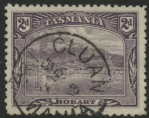 Tasmania: Cluan: ‘CLUAN/DE9/08/TASMANIA’ cds (rated R) on Pictorial 2d. PO 1.7.1887; closed 31.5.1909.