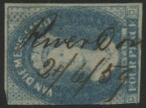 Tasmania: Don: “River Don/21/6/59” manuscript on QV Chalon 4d blue numeral "4" wmk imperf (3 margins). PO 12.5.1856.