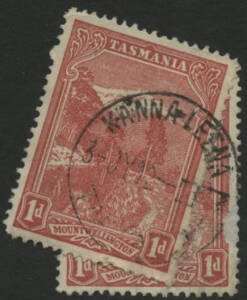 Tasmania: Kanna Leena: ‘KANNA-LEENA/3-JY12/TASMANIA’ cds (rated RR) on Pictorial 1d x2. PO 1.4.1912; closed 30.11.1912. [composite strike on two overlapped stamps]
