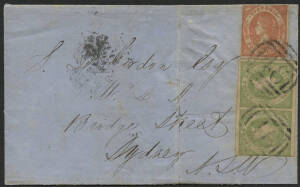 Victoria: 1857 QV Emblems 1d green SG 41 pair (4 margins just touching at right) & 4d vermillion SG 42 (2½ margins) tied barred numeral ‘46’ two strikes with ‘HAMILTON/JY-18/1857/VICTORIA’ crowned-oval b/s on folded entire to NSW, ‘MELBOURNE/JY22/1857/V