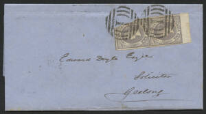 Victoria: 1858 QV Emblems 2d grey-lilac SG 45 pair (top unit damaged before being affixing; lower unit 4 margins plus sheet margin at base) tied barred numeral ‘1’ two fine strikes on folded entire with ‘MELBOURNE/AP10/58’ b/s and ‘GEELONG/AP10/1858/VICTO