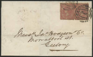 Victoria: 1859 QV Emblems 4d rose-pink SG 85a pair tied barred numerals '1' paying double rate on folded outer with ‘MELBOURNE/DC10/59’ b/s and ‘GEELONG/DC10/59/VICTORIA’ arrival alongside, fine condition. [ex Rodney A Perry with his 2006 Certificate of O