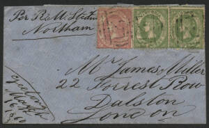 Victoria: 1860 QV Emblems 4d rose-pink SG 87 and 1d green SG 84a pair tied barred numerals ‘2’ with ‘GEELONG/MA17/60/VICTORIA’ b/s on cover to London endorsed “Per RM Steamer Northam”, ‘LONDON NE/MY9/60’ arrival b/s in red, back flap missing & internal re