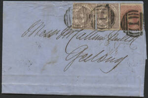 Victoria: 1860 QV Emblems 2d brown-lilac Horizontally Laid Paper rouletted SG 69 x2 and Beaded Oval 4d rose on Bordeaux Paper SG 89a tied barred numerals '1' paying double rate on folded mercantile entire with ‘MELBOURNE/JY21/60’ b/s and ‘GEELONG/JY21/60/