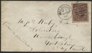 Victoria: 1866 cover with QV 10d blackish brown/pink Saunders Paper with Single-Lined '10' Wmk Perf 12x13 SG 123a "jumbo" stamp with the perforations well clear of the design on all sides tied Melbourne ‘AU28’ duplex cancel (code ‘2D’) on cover to England