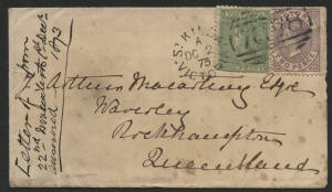 Victoria: 1873 QV Bell 2d violet and Laureate 1d green (trimmed perfs at base) tied ‘ST. KILDA/DC2/73/VICTORIA-78’ duplex cancel on cover to Queensland paying short-lived 3d inter-Colonial ship letter rate, ‘ROCKHAMPTON/DE13/73/QUEENSLAND’ arrival b/s, so
