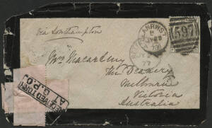 Victoria: 1877 ‘RECEIVED TORN/AT G.P.O.’ boxed h/s on stamp selvedge used to repair corner of mourning cover from Wales endorsed "via Southampton" with Great Britain QV 6d grey tied ‘LLANRWST/JY23/77-597’ duplex cancel, Melbourne ‘SP12/77’ arrival b/s, so