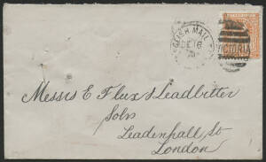 Victoria: 1890 ‘Stamp Duty Eighteen-Pence’ 1/6d orange tied 'ENGLISH MAIL TPO/DE16/90-VICTORIA' duplex cancel on ‘Cuthbert, Hamilton, Wynne & Co, Solicitors, Melbourne’ cover to London paying double 6d per ½oz ship letter rate plus 6d late fee for posting