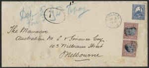 Victoria: 1891 long cover with NSW 2d Emu tied numeral ‘85’ & ‘BOOLIGAL/AP3/1891/N.S.W’ cds, over 1oz and taxed with "Def 2d / Fine 2d } 4d To Pay" manuscript & Melbourne "T" cachet, Postage Dues 2d brown & blue pair affixed on face tied dumb cancels, so