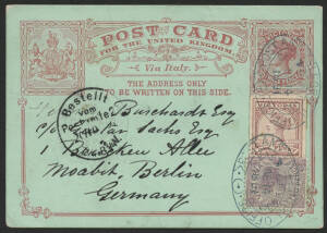 Victoria: 1891 QV 3d red Postal Card inscribed 'For The United Kingdom via Italy' sent to Germany with QV 2d violet & 1d brown postal card cut-out added tied 'POST & TELEGRAPH OFFICE/SE14/1891/EAST MELBOURNE' Belt & Buckle d/s in blue paying the 6d pre-UP