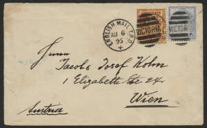 Victoria: 1895 QV 6d blue & 2½d red on yellow tied ‘ENGLISH MAIL TPO/AU6/85-VICTORIA’ duplex cancels on ‘Jules Renard & Co’ cover to Austria paying 6d late fee for posting after 3pm at Spencer Street Railway Station, placed directly onto Melbourne-Adelaid