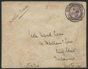 Victoria: 1901 Boer War serviceman cover endorsed "On Active Service" sent to Melbourne with Great Britain QVic 1d lilac tied ‘ARMY POST OFFICE/OC15/01/JOHANNESBURG’ cds paying concessional rate, Melbourne ‘NOV16/1901’ arrival b/s, light soiling. [The 1d 