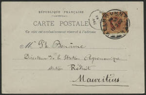 Victoria: 1902 ‘Messageries Maritimes/AUSTRALIEN’ postcard (undivided back) showing Steamship in Port sent to Mauritius with lengthy message written in French on view side and QV 1½d orange on yellow tied Melbourne ’19 2 02’ cds, ‘REDUIT/20MAR//1902’ arri