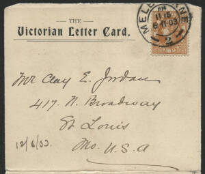 Victoria: 1903 ‘The Victorian Letter Card’ private illustrated lettercard with view of Bourke Street showing Parer Brothers Restaurant on back and vignette views of Government House, Giant Tree Camp, King Parrot Creek, River Yarra at Healesville and Gener