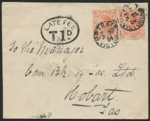 Victoria: 1904 ‘LATE FEE/T1D’ oval cachet alongside QV 1d pink x2 tied ‘UP TRAIN/MG11/JL25/04/VICTORIA’ cds (rated S) on Tatts cover posted directly onto Melbourne-Ballarat Line train, well-repaired spike hole not affecting stamps or markings.