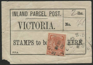 Victoria: 1908 QV 9d red tied 'MO & SB/MY28/08/YEA' cds on ‘INLAND PARCEL POST/VICTORIA’ label rated “2” lbs weight, minor creases and small corner fault not affecting stamp.