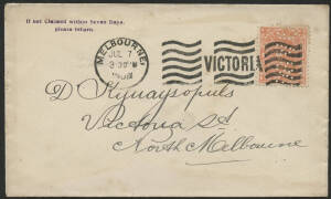 Victoria: 1908 QV 1d pink ‘GAS’ perfin tied Melbourne “JUL7/1908’ cancel on ‘The Metropolitan Gas Co’ cover, couple of minor blemishes.