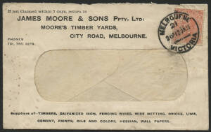 Victoria: 1911 QV 1d pink ‘JM/SM’ perfin for James Moore Saw Mills tied Melbourne “12JA11’ cds on ‘James Moore & Sons Timber Yards’ window-face cover listing goods for sale on front and back including Timber, Iron, Wire, Cement, Paints, Hessian, Wallpaper