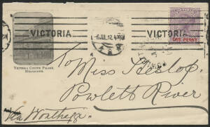 Victoria: 1912 ‘Victoria Coffee Palace, Melbourne’ illustrated advertising cover with vignette view of Café Premises and QV ‘ONE PENNY’on 2d violet overprint tied Melbourne ‘-6JUL.12’ roller cancel, ‘POWLETT RIVER/JL6/12/ VIC arrival (closed 1956) alongsi