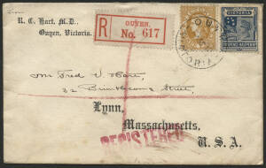 Victoria: 1912 'RC Hart MD, Ouyen' cover to USA with QV 2½d blue & 3d orange tied 'OUYEN/-4SE12/VICTORIA' cds and red 'R/OUYEN' label alongside, large 'REGISTERED' cachet on face and 'SAN FRANCISCO,CAL' transit & 'LYNN,MASS/OCT/9/1912/REGISTERED' arrival 