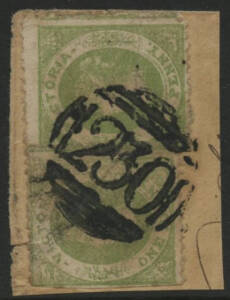 Victoria: Barred Numerals: ‘230’ (type 2; rated RRRR) bold, slightly over-inked strike on QV Emblems 1d green x2 on piece. Allocated to Indigo PO 6.11.1858; closed 31.8.1970.