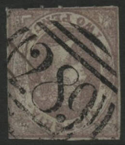 Victoria: Barred Numerals: ‘289’ original state (type 2C; rated RRR) on QV Emblems 2d Rouletted SG 69. Allocated to Hotham PO 20.3.1860; renamed North Melbourne PO circa -.10.1887.