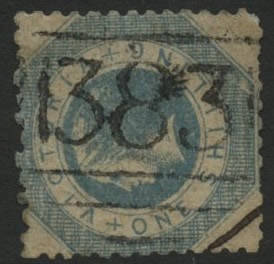 Victoria: Barred Numerals: ‘383’ original state (type 3A; rated RRRR) on QV 1/- Octagonal Perf 12. Allocated to Bruthen PO 15.1.1862. [Gippsland]