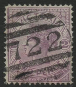 Victoria: Barred Numerals: ‘722’ in small figures with single side bar (non-duplex type; rated RRRR) on QV 2d violet. Allocated to Canterbury PO 22.11.1870; destroyed by fire May 1887; PO 23.2.1892.