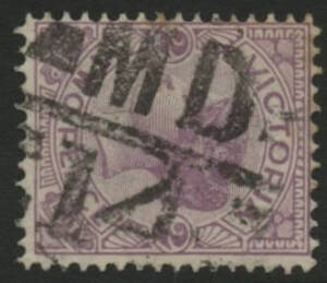 Victoria: Barred Numerals: 1514 ‘MD/14’ (rated RRR) on QV 2d violet. Allocated to Benambra PO 16.6.1886.