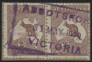 Victoria: Abbotsford: ‘ABBOTSFOR[D]/31MAY1929/VICTORIA’ boxed rectangle d/s (rated RRRRR) on Kangaroo 2/- maroon pair on piece. PO 9.1.1888. [Recorded May-Nov 1929 only, earliest recorded date]