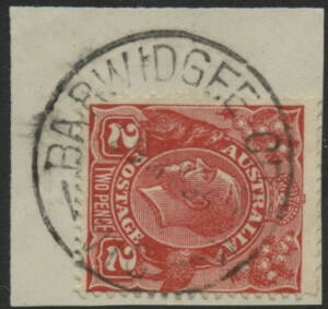 Victoria: Barwidgee Creek: 'BARWIDGEE CREEK/29MY34/VIC’ cds on KGV 2d red on piece. RO 1/3/1912; PO 1/7/1927; closed 31/10/1957.