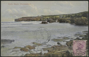 Victoria: Brighton Beach: ‘BRIGHTON BEACH/-8JA11/ VICTORIA’ cds (rated RRRRR) on view side of ‘Shelley Beach, Warrnambool’ postcard sent to Brighton endorsed "Printed Matter Only" with QV Bantam ½d green tied ‘WARRNAMBOOL’ cds, fine condition. PO 21.3.190