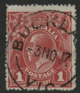 Victoria: Buckland: ‘BUCKLA[ND]/-3NO17/VIC’ cds (rated RRR) on KGV 1d red. PO 1.4.1856; closed 21.2.1923.