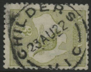 Victoria: Childers: 'CHILDERS/23AU22/VIC' cds (26½mm diameter; rated RRR) on Kangaroo 3d green. PO 24.4.1879; closed 22.1.1972. [Gippsland: 11km SW of Trafalgar; this datestamp is recorded from 23.8.22 to 25.11.25 only and was presumably damaged or lost s
