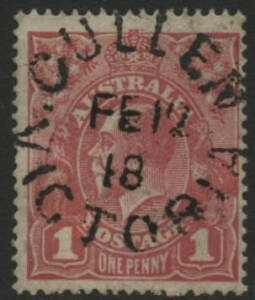 Victoria: Cullen: ‘CULLEN/FE12/18/VICTORIA’ cds on KGV 1d red. Renamed from Cohuna PO 8.9.1884; closed 11.12.1941.