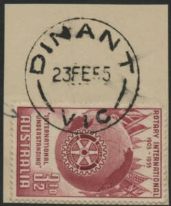 Victoria: Dinant: ‘DINANT/23FE55/VIC’ cds (rated RRR) on 3½d Rotary on piece. RO 15.9.1922; PO 1.7.1927; closed 30.9.1961.