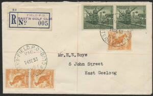 Victoria: Eastern Golf Club: 'FIELD P.O./VIC./24SE53/AUST/EASTERN GOLF CLUB' cds (rated RRR) two strikes (plus superb b/s) on ½d Kangaroo x3 & 5½d Newcastle pair on cover with 'FIELD PO/EASTERN GOLF CLUB' h/s in violet on provisional registration label. [