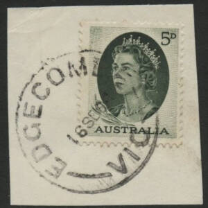 Victoria: Edgecombe: ' 'EDGECOMBE/18SE64/VIC' cds (converted to SDL; rated RRRR) on QEII 5d green on piece. PO 1.1.1877; RO 1.10.1917; PO 1.7.1927; closed 30.4.1966. [6km NNE of Kyneton]