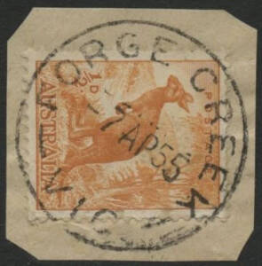 Victoria: Forge Creek: ‘FORGE CREEK/7AP55/VIC’ cds on Kangaroo ½d orange on piece. RO circa 1902; PO 1/7/1927; closed 4/2/1964.