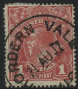 Victoria: Hordern Vale: ‘HORDERN VALE/21AU17/VIC’ cds on KGV 1d red while RO only. Renamed from Calder River RO circa -.12.1912; PO 1.7.1927; TO 1.9.1956; closed 3.5.1972.