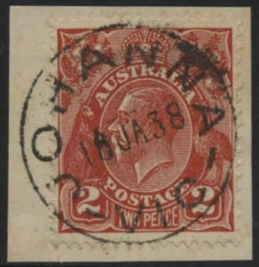 Victoria: Johanna: ‘JOHANNA/18JA38/VIC’ cds on KGV 2d red on piece. RO 1.11.1913; PO 1.7.1927; TO circa 1961; closed 28.6.1967.