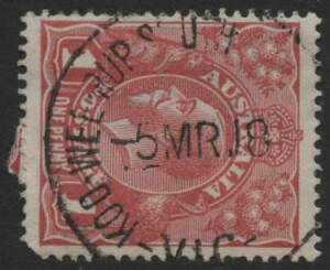 Victoria: Koo-wee-rup South: ‘KOO-WEE-RUP SOUTH [ ]/-5MR18/VIC’ cds (‘STATE SCHOOL’ excised) on KGV 1d red. Renamed from Koo-wee-rup South State School RO circa 1907; PO 22.4.1914; renamed Koo-Wee-Rup North PO 1.1.1921.