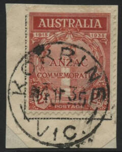 Victoria: Korrine: ‘KORRINE/-4JE35/VIC.’ cds on 2d ANZAC on piece. RO 8.11.1910; PO 1.7.1927; TO 15.1.1938; closed 30.4.1946.