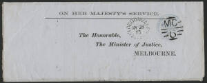 Victoria: Loddon Vale: ‘LODDONVALE/MY28/83/VICTORIA’ cds (error: spelled as one word) on OHMS circular with ‘MINISTER OF JUSTICE’ Frank Stamp cancelled by barred numeral 'MC/6' (rated SS), fine condition. PO circa -.1.1879; closed 1.7.1895; PO 4.5.1900; c