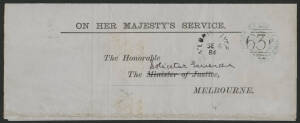 Victoria: Lord Clyde: ‘LORD CLYDE/SE26/84/VICTORIA’ cds on OHMS circular with ‘SOLICITOR GENERAL’ Frank Stamp cancelled by barred numeral '636' (rated RRRR), 'CLUNES' transist b/s, a few minor blemishes. PO 1.1.1868; closed 1.10.1897. [Gold Mining; 2km E 