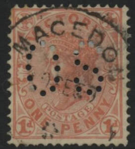 Victoria: Macedon: ‘MACEDON/-9SE09/*’ cds (no side arcs; asterisk at base) on QVic 1d pink ‘OS’ puncture. Renamed from Black Forest PO 20.7.1870. [Recorded 1902-05 only; similar types known from Beaconsfield (Upper) and Ovens Vale]