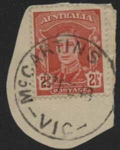 Victoria: McCartin’s: ‘MCCARTIN'S [ ]/27FE48/VIC’ cds (‘ROAD’ excised) on KGVI 2½d red on piece. RO 16.3.1914; PO 1.7.1927; TO 18.2.1960; closed 28.2.1962.