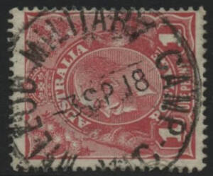 Victoria: McLeod Military Camp: ‘'McLEOD MILITARY CAMP/-3SP18/VIC' cds on KGV 1d red. PO 3.4.1918; closed circa 1922. [This datestamp was later used at Macleod with ‘MILITARY CAMP’ excised]