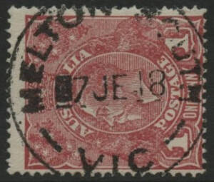 Victoria: Melton South: ‘MELTON SOUTH/-7JE18VIC’ cds (29mm diameter) on KGV 1d red. TO circa 1914; PO 1.1.1917; LPO 1.7.1994. [This datestamp is recorded from 17.2.17 to 5.11.20 only and was presumably damaged or lost soon afterwards as it was replaced by